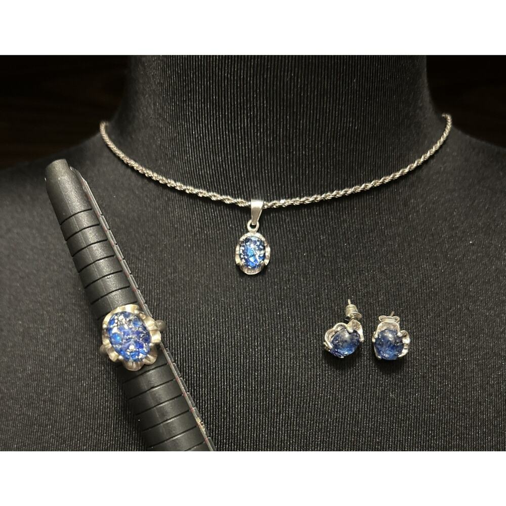 Artisan Jewelry Set Dichroic Glass & Sterling Silver 925 Necklace Ring Earrings